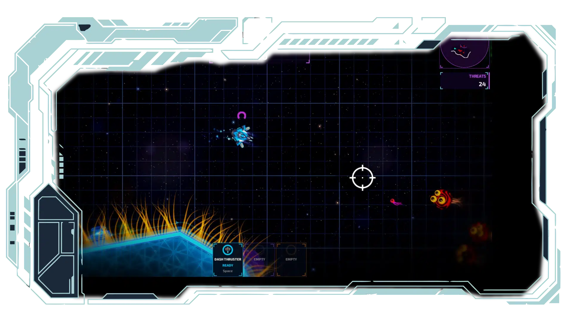Robits: Quantum Descent gameplay — a modular combat drone firing across a procedurally generated arena